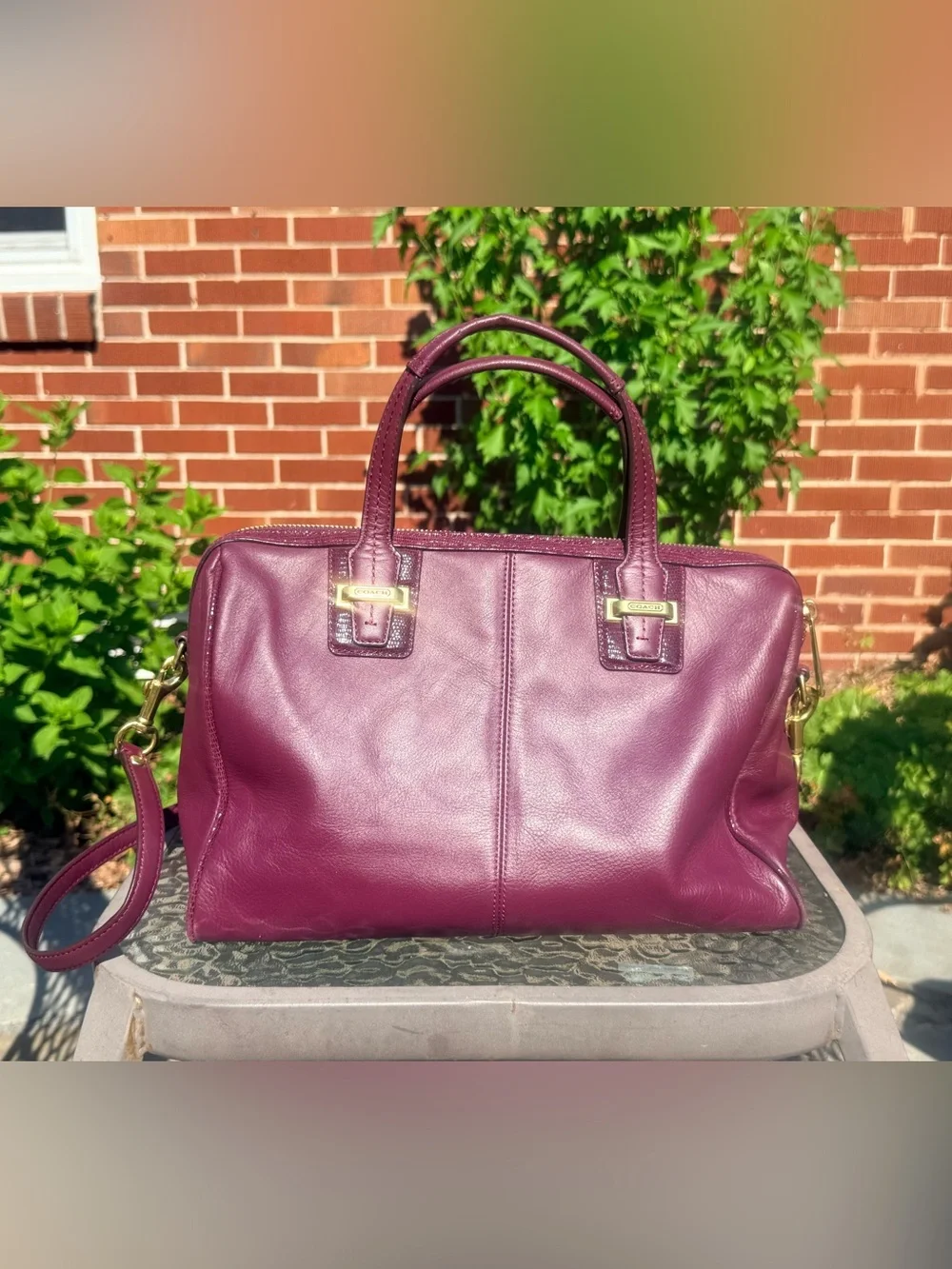 COACH Madison Plum Berry Leather Satchel Crossbody Bag Exotic Trim Gold